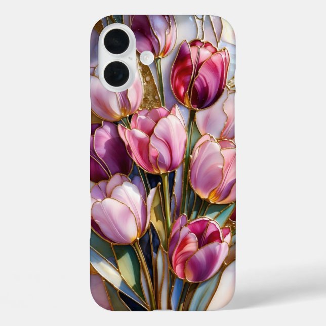 iPhone 16 Plus Funda para teléfono con ramo de tulipanes rosados  (Reverso )