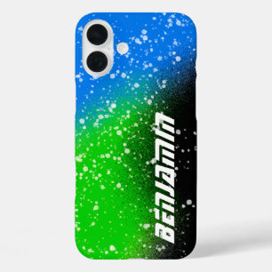 iPhone 16 Plus Pintar spray Color negro verde y nombre azul Funda