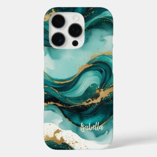 iPhone 16 Pro Funda de acuarela elegante en verde azulado y dora
