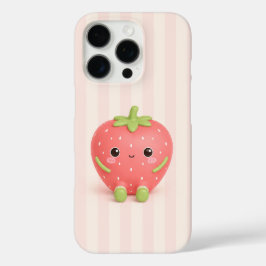 iPhone 16 Pro Funda de teléfono de rayas rosadas con fresa Kawai