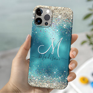 iPhone 16 Pro Funda monograma de purpurina falsa turquesa dorada