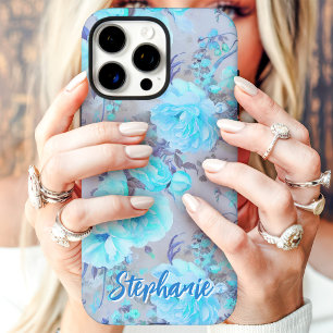 iPhone 16 Pro Max Funda de teléfono Floral Vintage Azul con Nombre P