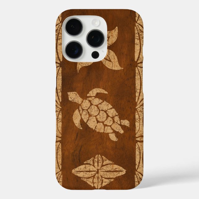 iPhone 16 Pro Tótem de tortuga samoana Faux Koa Funda de la tabl (Reverso )