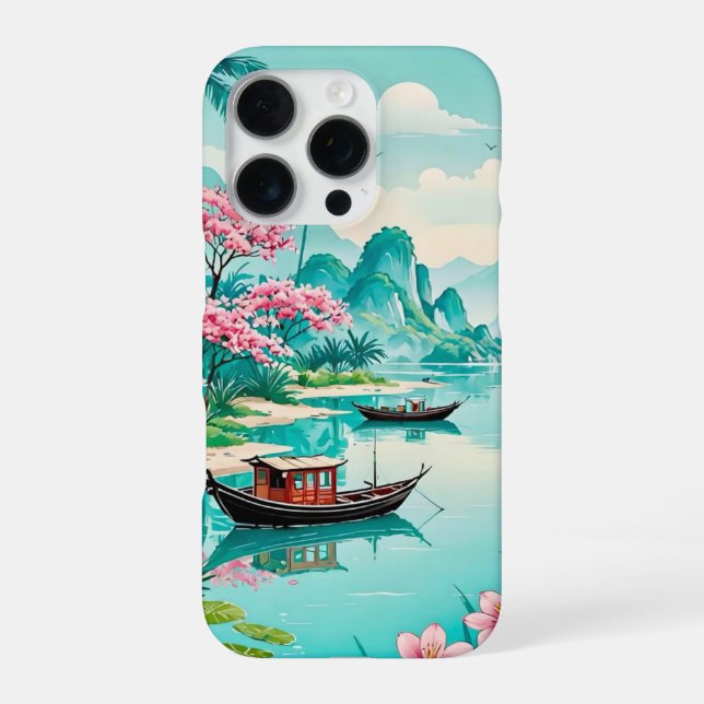 iPhone Laguna Tropical con Flores de Cerezo _ funda para  (Reverso)