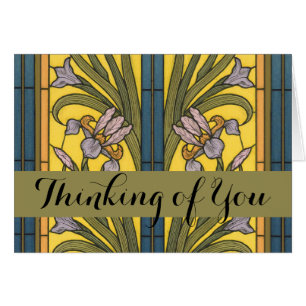 Iris Flor Art Nouveau Vidrio Manchado Oro Azul