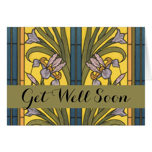 Iris Flor Art Nouveau Vidrio Manchado Oro Azul (Anverso (Horizontal))