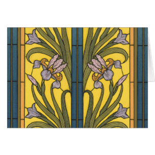 Iris Flor Art Nouveau Vidrio Manchado Oro Azul