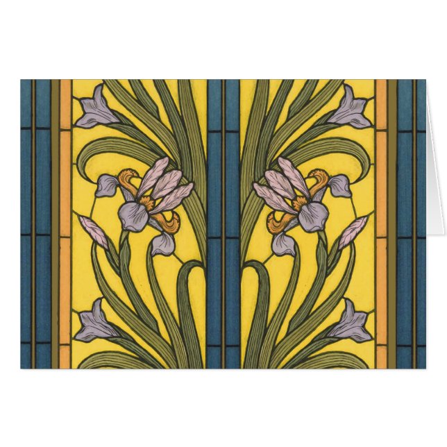 Iris Flor Art Nouveau Vidrio Manchado Oro Azul (Anverso (Horizontal))