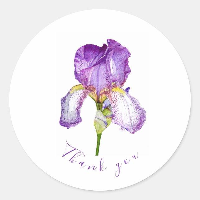 Iris morado brillante Gracias Pegatina redondo clá (Anverso)
