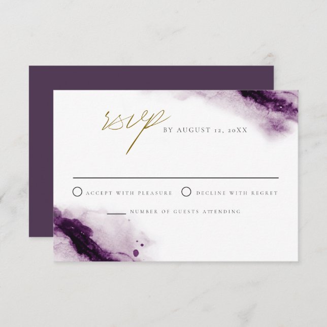IRIS | Tarjeta RSVP Boho Plum Purple Gold Splash (Anverso / Reverso)