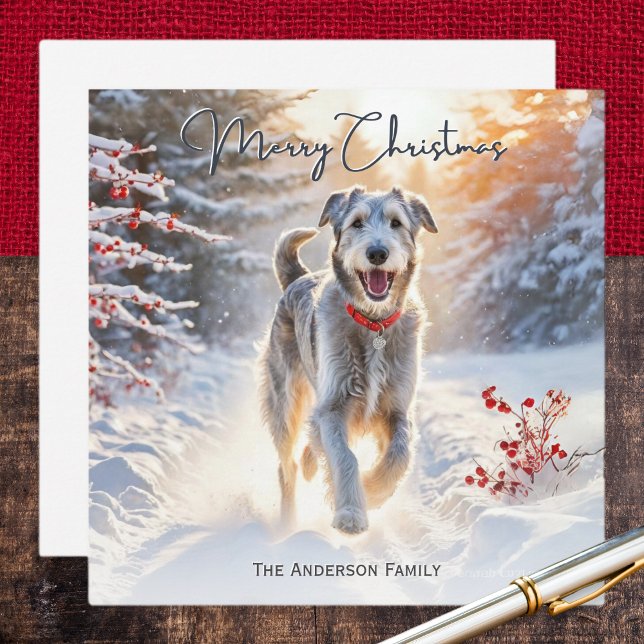 Irish Wolfhound Paseando Perro Navidad Feliz Navid (A personalized Christmas card with picture of an Irish Wolfhound out for a winter walk in the snow)