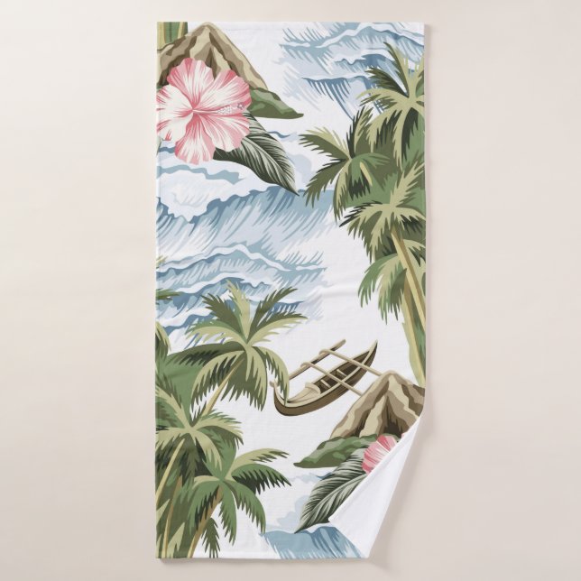 Isla de cosecha hawaiana, palmera, barco, rosa  (Toalla de baño)
