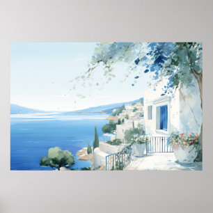 Isla Griega Idílica: Impresión de Arte en Acuarela
