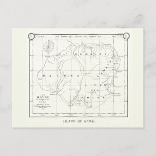 Isla Kauai, Hawaii, postal 1887 Mapa de época