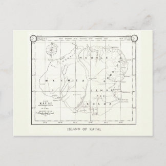Isla Kauai, Hawaii, postal 1887 Mapa de época