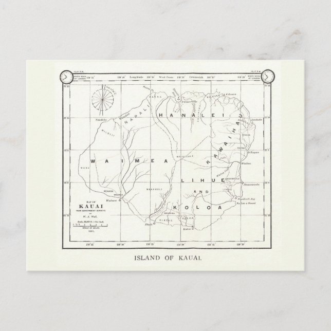 Isla Kauai, Hawaii, postal 1887 Mapa de época (Anverso)