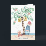 Isla navidad Palm Surf Santa Tropical Beach<br><div class="desc">La tarjeta de Navidades temáticos de la playa cuenta con una palmera de Navidad (decorada con adornos y luces) en una isla tropical con un sombrero de Santa sobre una tabla de surf, un regalo, pez estrella, olas del océano, aves marinas y un saludo de vacaciones "Warm Wishes". El saludo...</div>