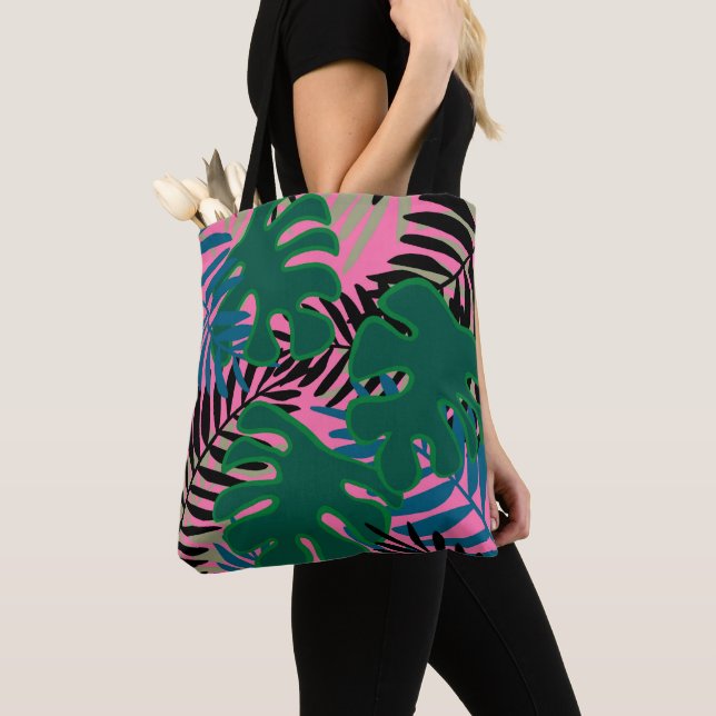 Island Palm Green Pink Black tote gran bolsa tropi (Detalle)