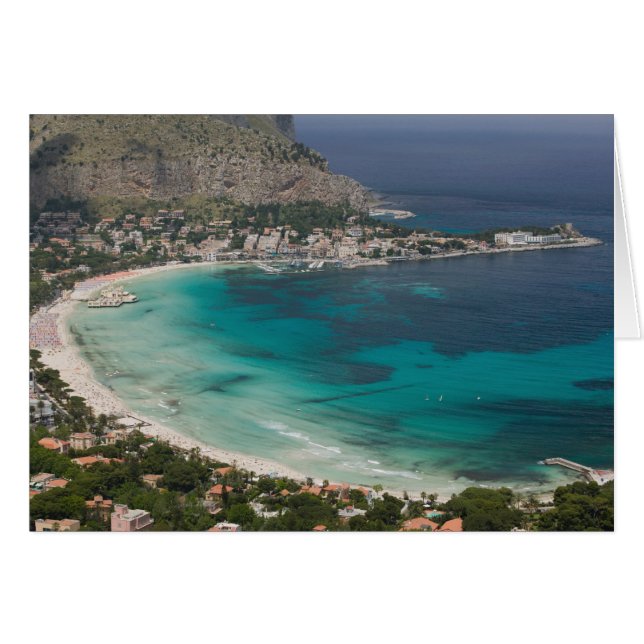 Italia, Sicilia, Mondello, Vista de la playa desde (Anverso (Horizontal))