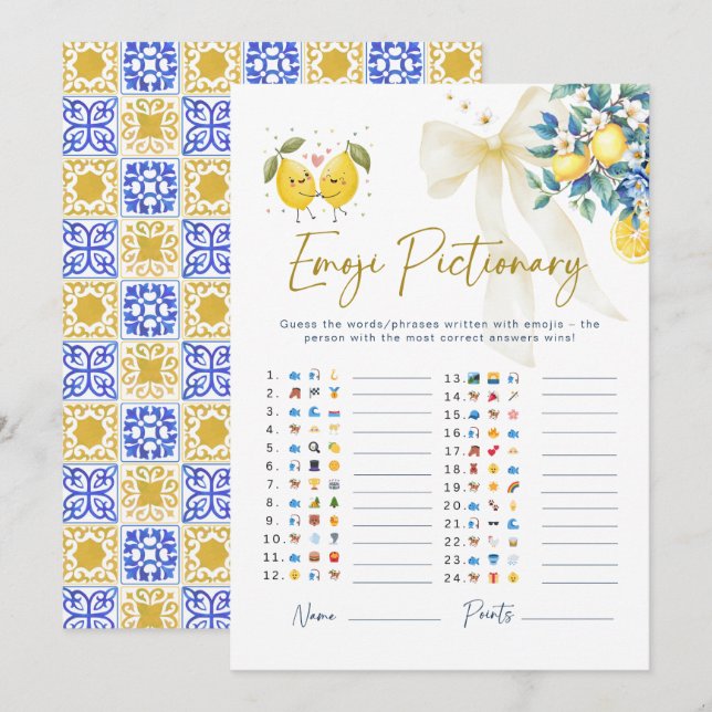 Italian Amalfi Lemon Emoji Pictionary Baby Shower  (Anverso / Reverso)