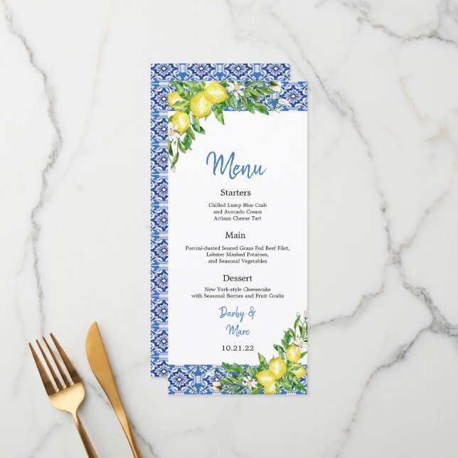 Italian Blue tile Lemon Wedding Reception menu (Anverso/Reverso In Situ)