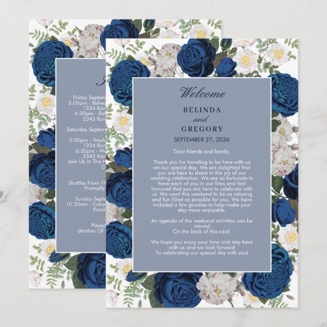 Itinerario Boda de acuarela floral azul moderno (Anverso / Reverso)