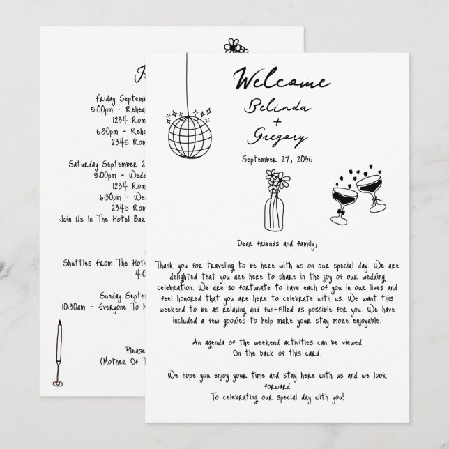 Itinerario Boda de Ilustraciones dibujados con la  (Anverso / Reverso)