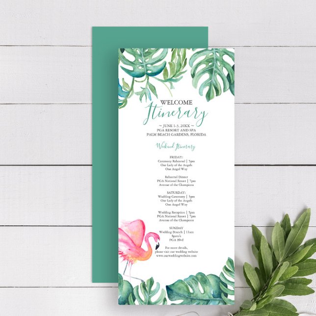Itinerario Boda de vegetación tropical rosa Flamin (Wedding itinerary tropical destination weddings artwork and design by Victoria Grigaliunas)