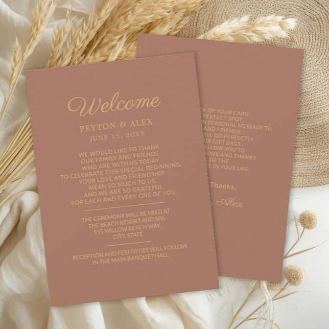 Itinerario de Bienvenida de Boda de Terracota Oxid (Terracotta/burnt orange wedding welcome itinerary)