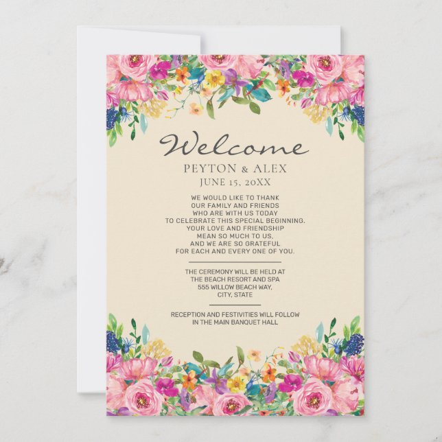 Itinerario de bienvenida de boda Flores silvestres (Anverso)