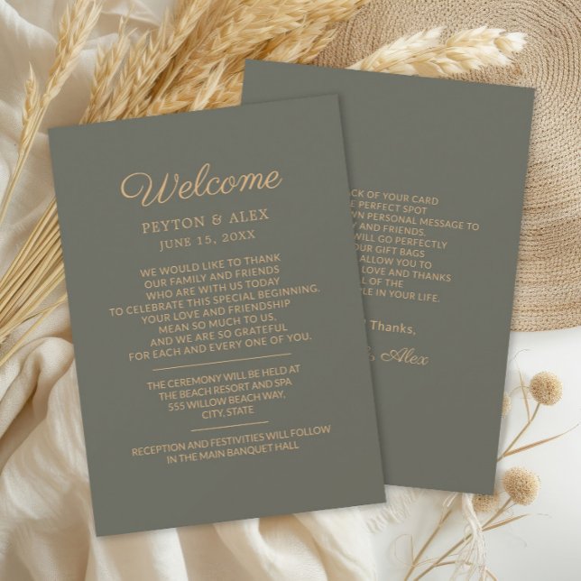 Itinerario de bienvenida para boda en verde oliva (Olive/sage green Wedding Welcome Itinerary 2-sided card)