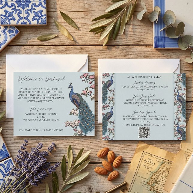 Itinerario de Boda de Pavo Real Dibujado a Mano Az (Wedding Itinerary with hand-drawn peacocks and magnolias in a French blue Vintage style)