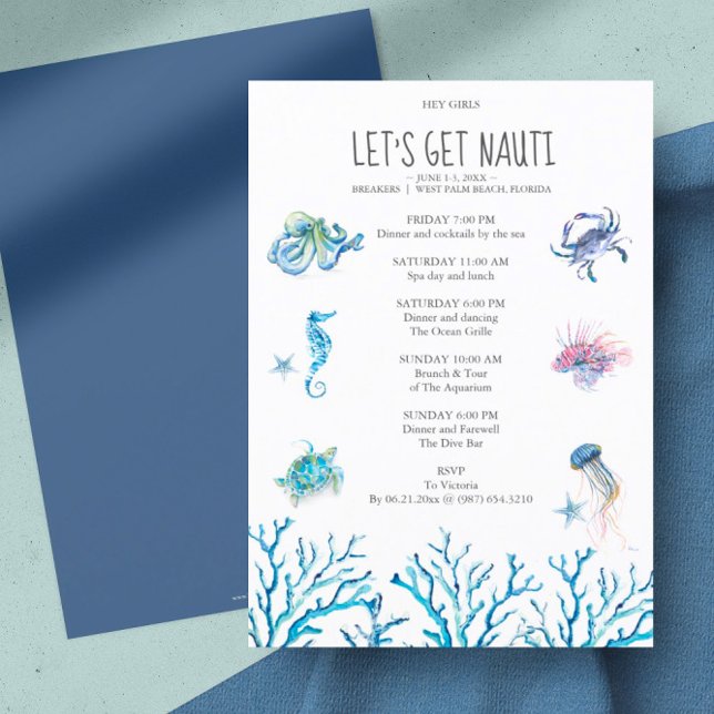 Itinerario de despedida de soltera en la playa con (bachelorette party invitation beach watercolor art by Victoria Grigaliunas)
