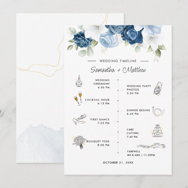 Itinerario y programa del Boda Dusty Blue Floral (Anverso / Reverso)