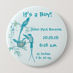 It's a Boy! botón de bebé Aqua Vintage Bird Mom Da