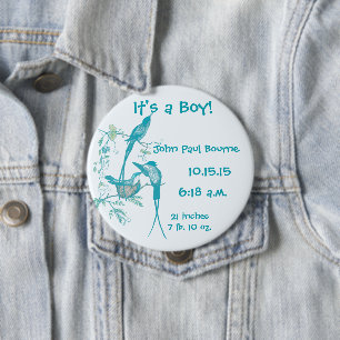 It's a Boy! botón de bebé Aqua Vintage Bird Mom Da