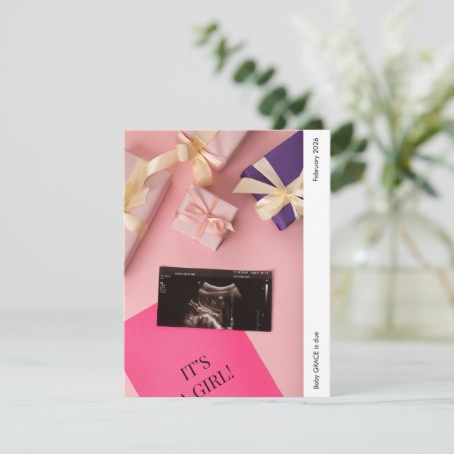 It's a Girl Photo Baby Announcement Card (Anverso de pie)