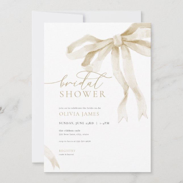 Ivory Bow Bridal Shower Invitación Cinta Blanca (Anverso)