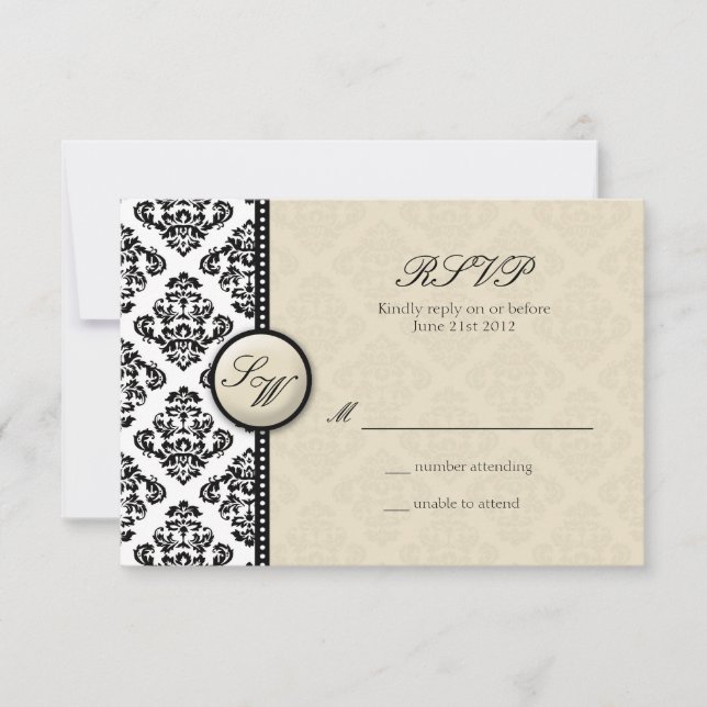 Ivory Damask Monograma Wedding RSVP (Anverso)