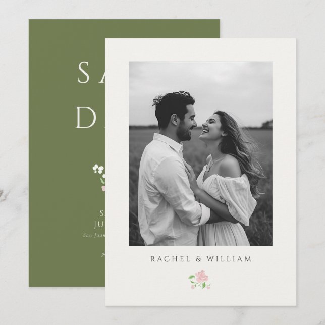 Ivory & Green | Chic Floral Wedding Save the Date (Anverso / Reverso)