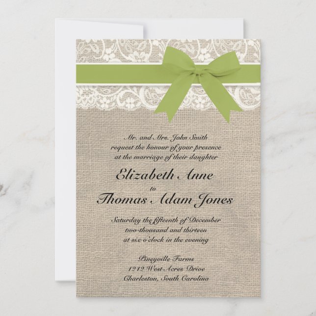 Ivory Lace Look Rustic Burlap Invitación - Olive (Anverso)
