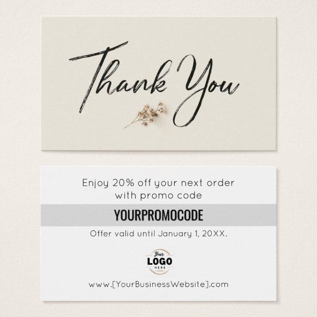 Ivory Minimalist Botanical Thank You Discount Card (Anverso y reverso)