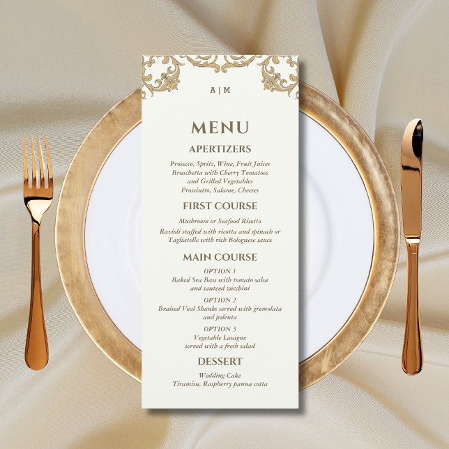 Ivory Monogram Baroque Christian Wedding Menu (Subido por el creador)
