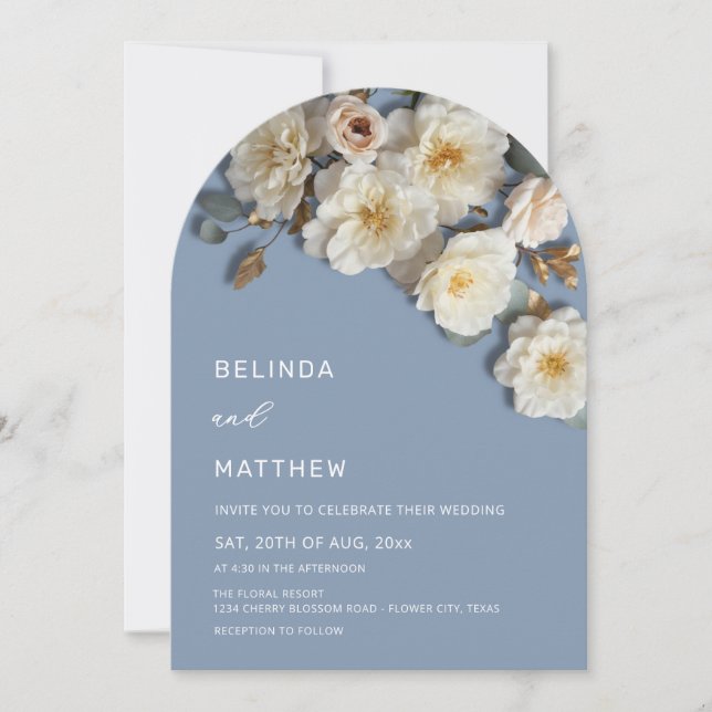 Ivory Roses Flores 3D Dusty Blue Arch Invitación d (Anverso)