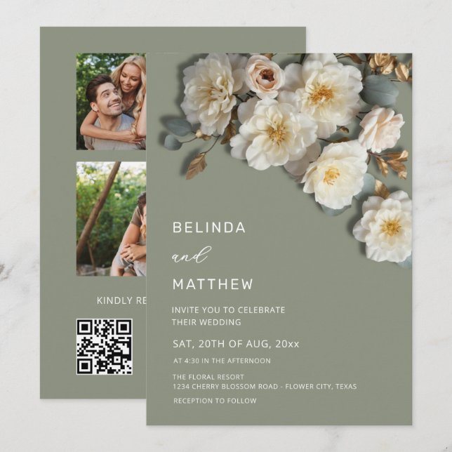 Ivory Roses Flores 3D Sage Green Arco Invitación B (Anverso / Reverso)