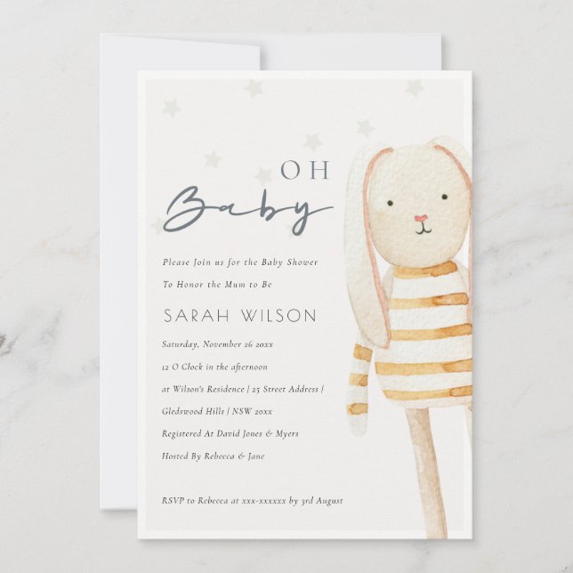 Ivory Yellow Bunny Soft Toy Oh Invitación Baby Sho (Anverso)