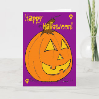 Jack o' Lantern en la morada tarjeta "Happy Hallow