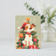 Jack Russell Terrier con árbol de Navidad y regalo