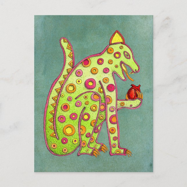 Jaguar azteca maya sobre postal de fondo verde (Anverso)