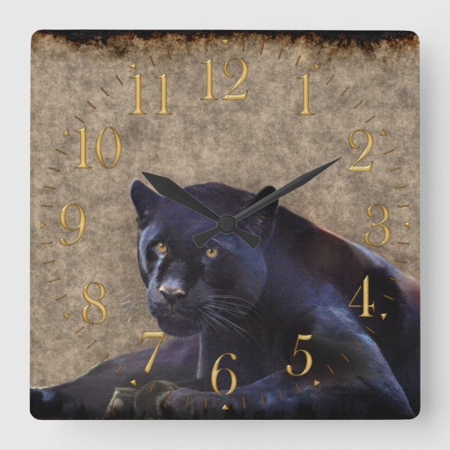 Jaguar negro, reloj de pared rústico de la fauna (Anverso)